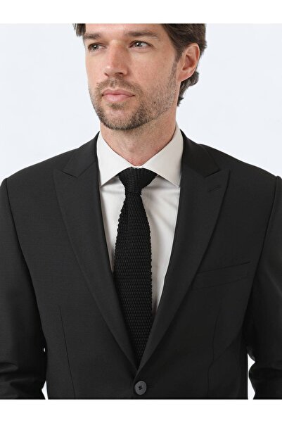 Kip Siyah Düz Modern Fit Yün Karışımlı Takım Elbise