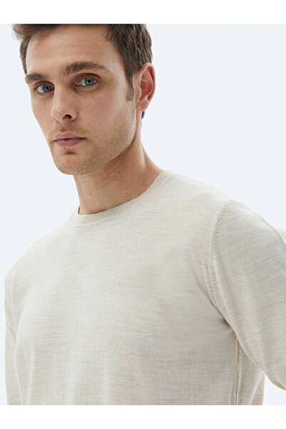 Kip Bej Bisiklet Yaka Düz Örgü Yün Karışımlı Triko Kazak