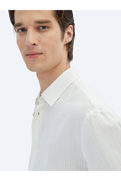 Kip Safran Çizgili Oversize Fit Dokuma Casual Gömlek