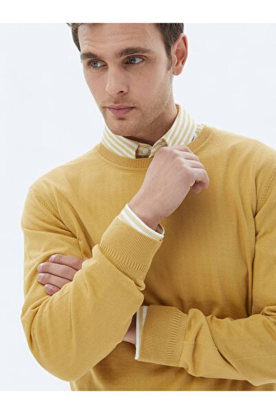 Kip Sarı Bisiklet Yaka Düz Örgü Yün Karışımlı Triko Kazak