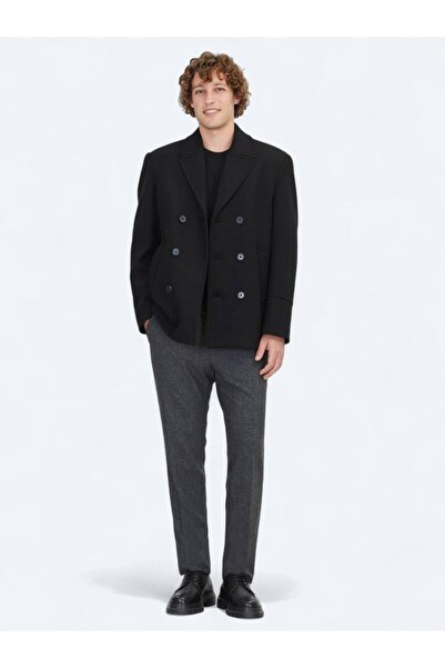 Kip Siyah Regular Fit Kruvaze Yaka Casual Örme Kaban