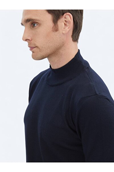 Kip Lacivert Yarım Balıkçı Yaka Düz Örgü Yün Karışımlı Triko Kazak