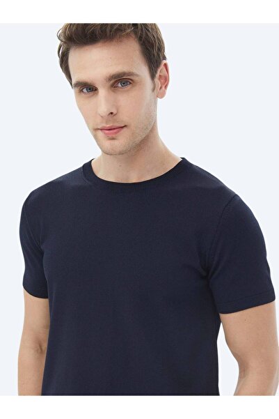 Kip Lacivert Bisiklet Yaka Düz Örgü Triko