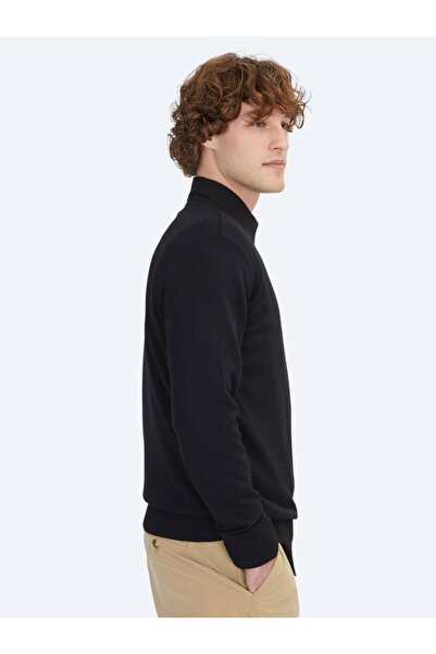 Kip Siyah Bisiklet Yaka Jakarlı Yün Karışımlı Triko Kazak