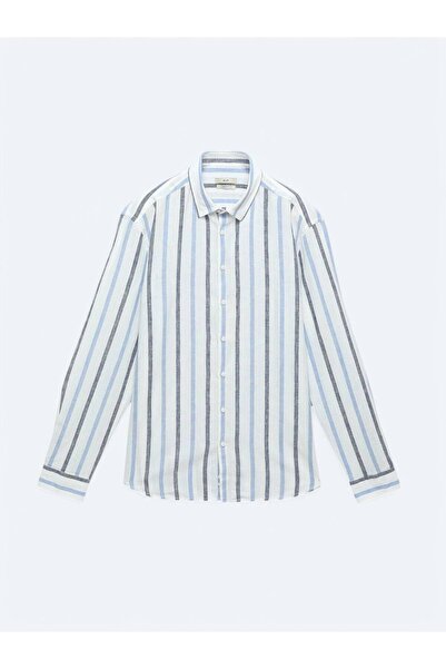 Kip Lacivert Çizgili Regular Fit Dokuma Casual Pamuk Karışımlı Gömlek