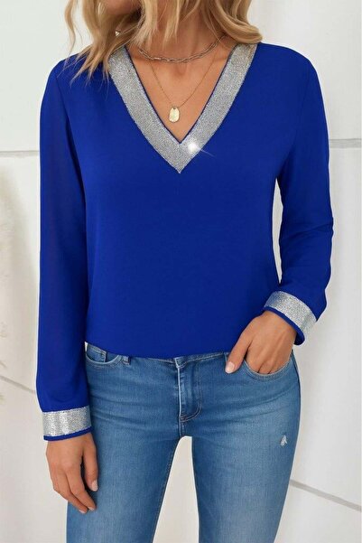 Monapera Γυναικεία μακρυμάνικη μπλούζα από κρεπ εισαγωγής με λαιμόκοψη με παγιέτες