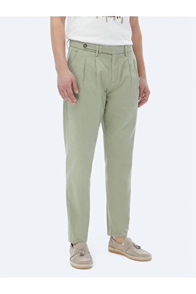 Kip Haki Dokuma Carrot Fit Smart Casual %100 Pamuk Pantolon