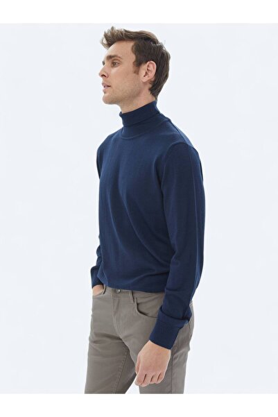 Kip İndigo Tam Balıkçı Yaka Düz Örgü Yün Karışımlı Triko Kazak