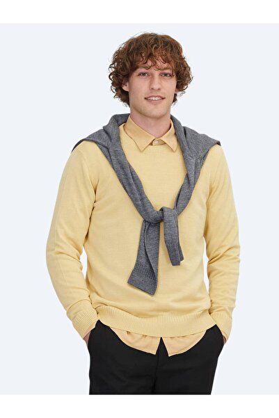 Kip Sarı Bisiklet Yaka Jakarlı Yün Karışımlı Triko Kazak