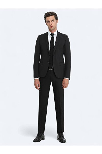 Kip Siyah Düz Slim Fit Yün Karışımlı Takım Elbise