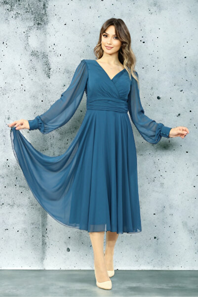 FaBe Fashion Uzun Kollu Kruvaze Yaka Midi Şifon Elbise