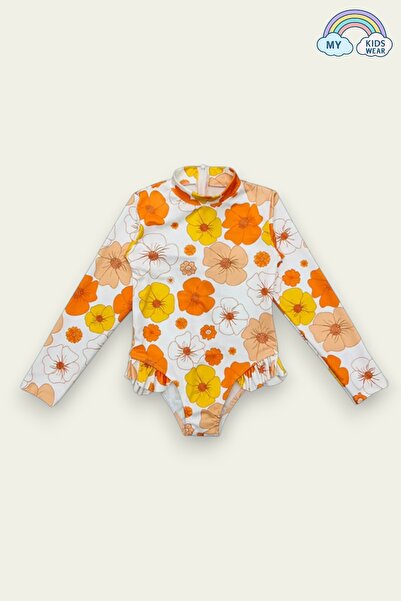 My Kids Wear Costum de baie cu mânecă lungă și cu volante imprimate cu flori