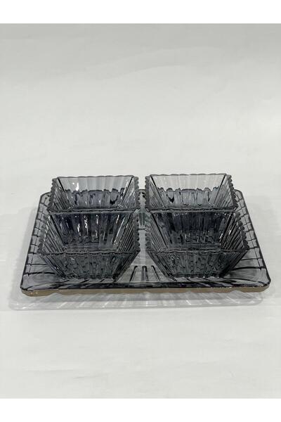 isra kristal Crystal Look Smoked Glass 5-Piece Breakfast Set – Stylish Presentation and Snack Serving