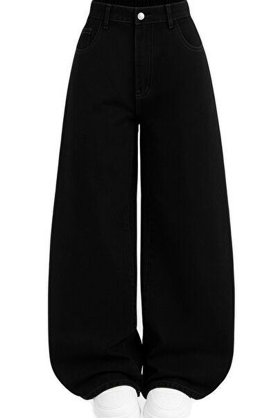 Linarose Kadın Siyah Bol Kesim Geniş Paça Rahat Boyfriend Baggy Jean Pantolon