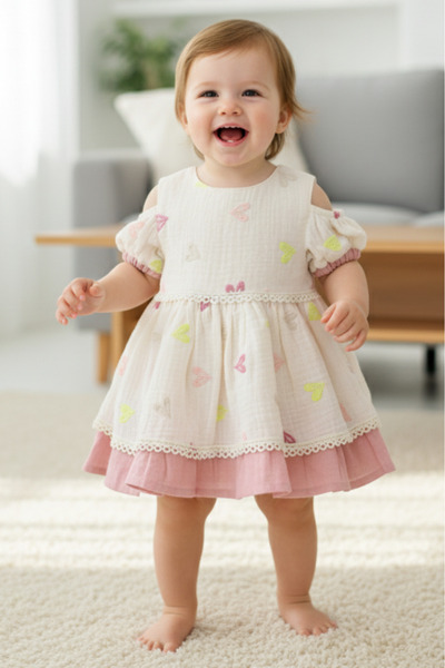 EYMİRGİYİM Heart Embroidered Summer Dress Baby Girl 6 Months, 9 Months, 12 Mo...
