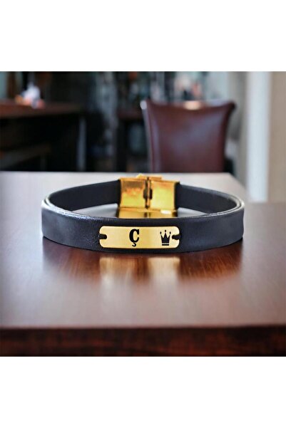 ARCHINO GOLD 14 Ayar Altın Plakalı Ç Harfine Özel Taç Motifli Hakiki Siyah Derili Hediye Bileklik-581harf