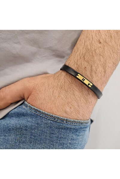 ARCHINO GOLD 14 Ayar Altın Plakalı H Harfine Özel Taç Motifli Hakiki Siyah Derili Hediye Bileklik-581harf