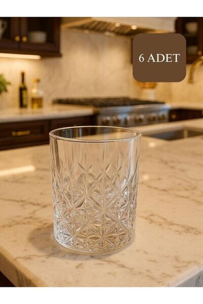 isra kristal Kristal Görünümlü Cam Meşrubat Bardağı 6'lı Set - Şık Desenli Me...
