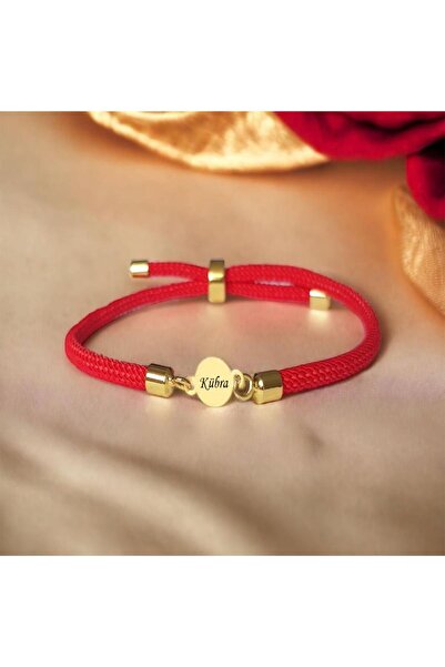 ARCHINO GOLD 14 Ayar Altın Plakalı Kübra İsmine Özel Kırmızı Örgü İpli Yuvarl...