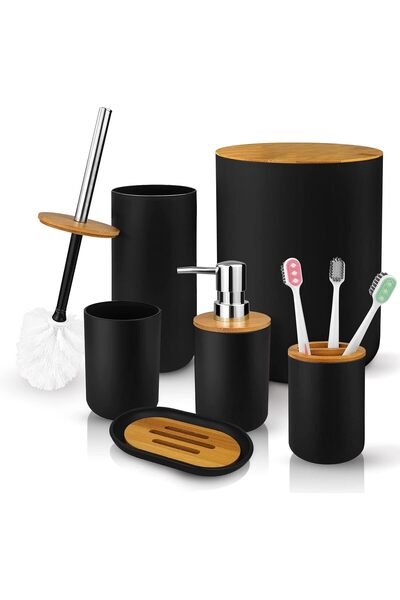 DKH مجموعة إكسسوارات حمام عصرية من 6 قطع، مصنوعة من البلاستيك مع لمسات من الخيزران، تتضمن موزع صابون، فرشاة أسنان