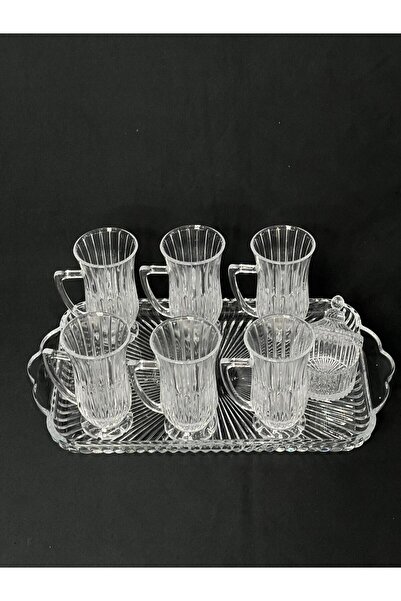 isra kristal Crystal Look Glass Tea Set – Sugar Bowl + Glass Tray + 6 Paşabahçe Handled Tea Cups (8 Pieces)