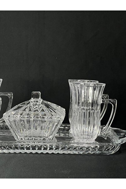 isra kristal Crystal Look Glass Tea Set – Sugar Bowl + Glass Tray + 4 Paşabahçe Tea Cups with Handles (6 Pieces)
