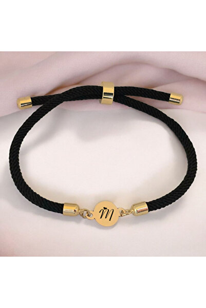 ARCHINO GOLD 14 Ayar Plakalı Altın M Harfine Özel Siyah İpek Örgülü Yuvarlak ...