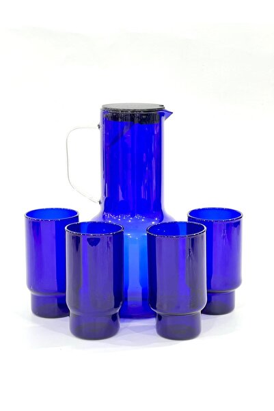 isra kristal Kapaklı Mavi Renkli Cam Sürahi ve 4’lü Bardak Takımı – Renkli Şı...