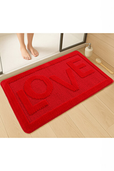 Konfor Halı Doğal Kaymaz Taban Banyo Paspas Uzun Ömürlü Su Emici Yıkanabilir Yazılı Paspas Kırmızı Love 60x100