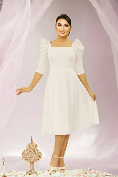 FaBe Fashion Kare Yaka Büzgülü Kollu Kloş Etekli Kemerli Midi Likra Krep Elbise