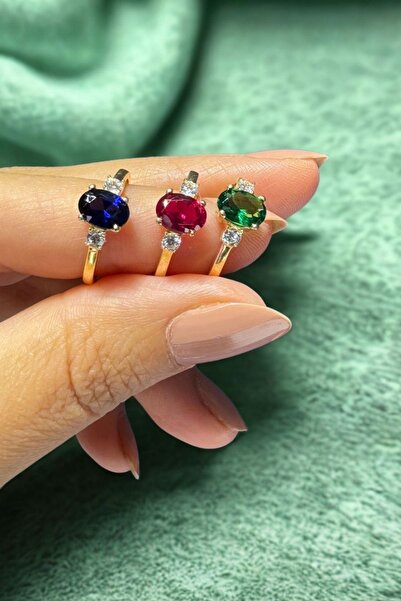 Hepimitu Yakut Renkli Üçtaş Altın Yüzük 14 Ayar