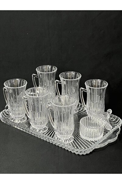 isra kristal Crystal Look Glass Tea Set – Sugar Bowl + Glass Tray + 6 Paşabahçe Handled Tea Cups (8 Pieces)