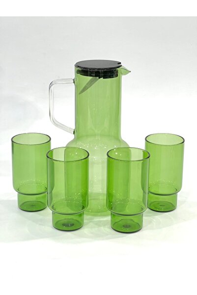 isra kristal Kapaklı Yeşil Renkli Cam Sürahi ve 4’lü Bardak Takımı – Renkli Şık Su ve Meşrubat Seti