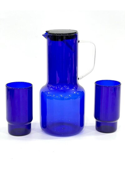 isra kristal Blue Colored Glass Jug with Lid and Set of 2 Glasses - Colored L...