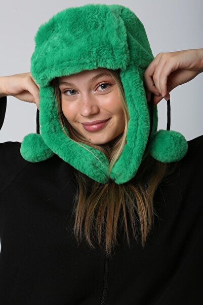 FELLMENS Plush Women's Beret Hat - Green Faux Fur, Headphones