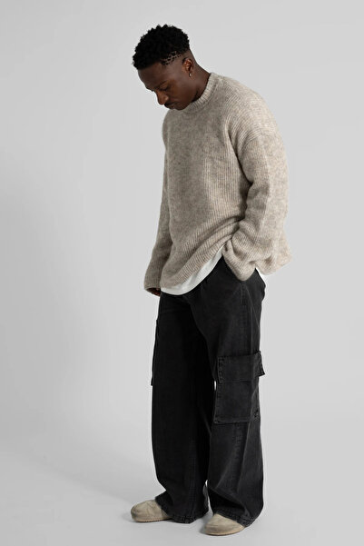 pulur.co بنطال جينز رجالي أسود بخصر عالٍ وجيب جانبي مصنوع من القطن بنسبة 100%