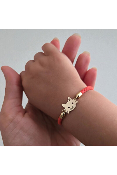 ARCHINO GOLD 14 Ayar Altın Plakalı Defne İsmine Özel Kedi Figürlü Turuncu İpek Örgülü Hediye Bileklik-635isim