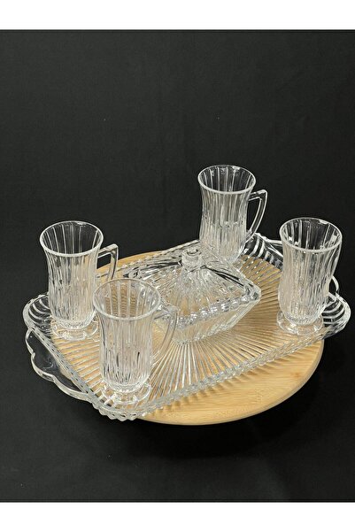 isra kristal Crystal Look Glass Tea Set – Sugar Bowl + Glass Tray + 4 Paşabahçe Tea Cups with Handles (6 Pieces)