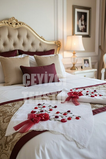 Çt Çeyizci Tekstil Kadife Çeyizlik Havlu, Nişan Havlusu Kadife Kurdelalı, Kurdele İşi Dantelli Havlu