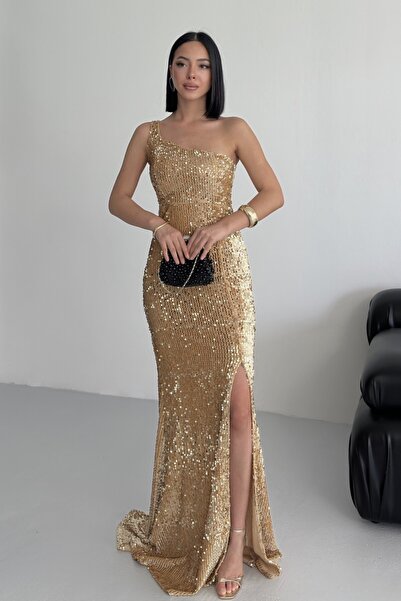 ALFUDO Moda Collection Trend Kadife Pullu Elbise Gold