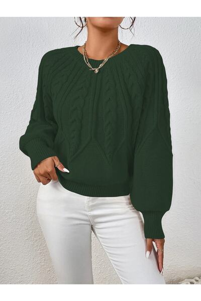 AQE FASHION Saç Örgülü Bisiklet Yaka Italyan Kol Triko Koyu Yeşil Kazak