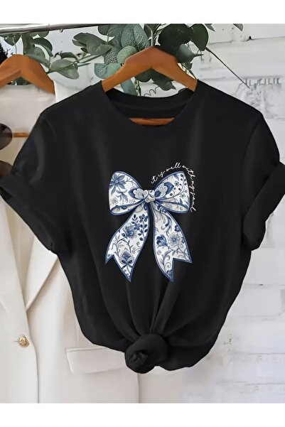 FUFLUNS Oversize Circular Neck T-Shirt with Flower Patterned Ribbon Print