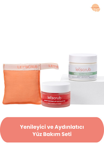 LET'SCRUB Yenileyici ve Aydınlatıcı Yüz Bakım Seti - Enzim Peeling Tozu, Dudak Peelingi , Yüz Kesesi