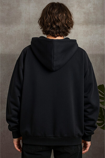 Deep sense Ανδρικό μαύρο φούτερ με κουκούλα με φερμουάρ, χειμερινή σχολική ζακέτα με στάμπα με ανάγλυφο