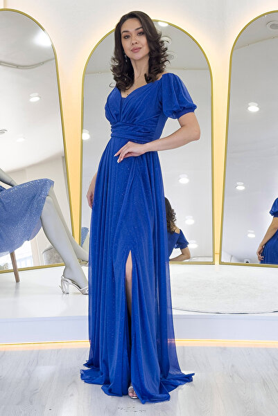 Elbise Delisi Kadın Kısa Kol Drapeli Abiye Elbise Büyük Beden  Renkler: Lila, Saks, Siyah, Zümrüt Yeşili