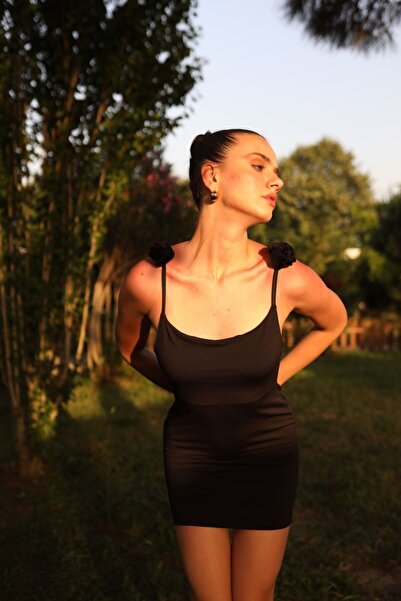 La Sarta Black Mare Strap Dress with Rose Detail