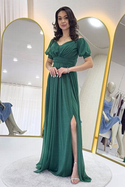 Elbise Delisi Kadın Kısa Kol Drapeli Abiye Elbise Büyük Beden  Renkler: Lila, Saks, Siyah, Zümrüt Yeşili