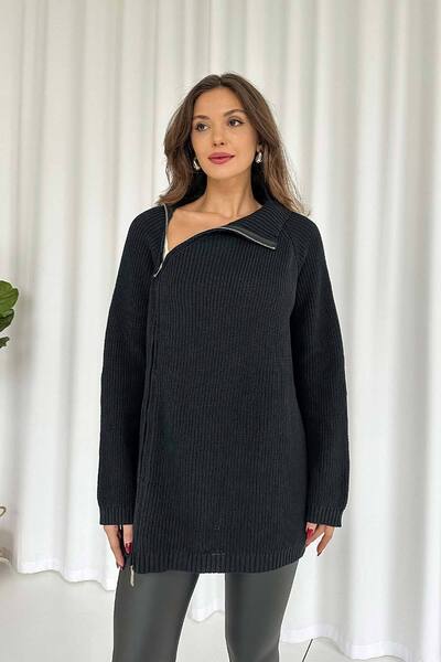 Mine Tan Butik Fermuar Detay Tunik Triko - Siyah