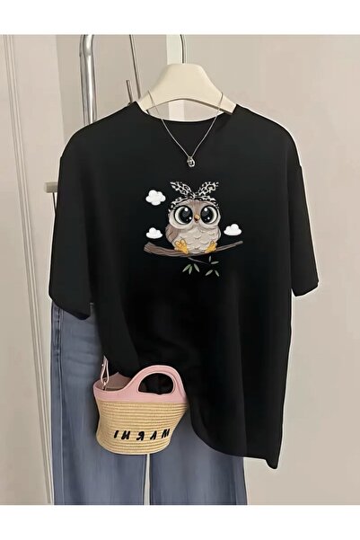 FUFLUNS Owl Printed Women's Circular Neck Oversize T-Shirt