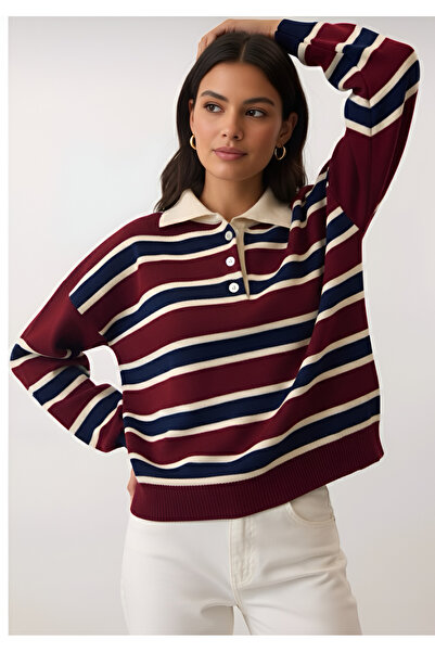 meday Clothing سترة نسائية مخططة بياقة بولو من التريكو